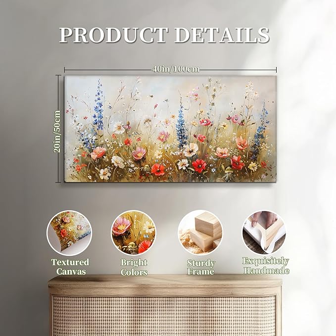 SERIMINO Colorful Floral Wall Art, Rustic Farmhouse Botanical Decor Large Artwork, Nature Wildflower Aesthetic Canvas Prints, Modern Cottagecore Wall Decor Living Room Kitchen Dining Room 20X40 Inch
