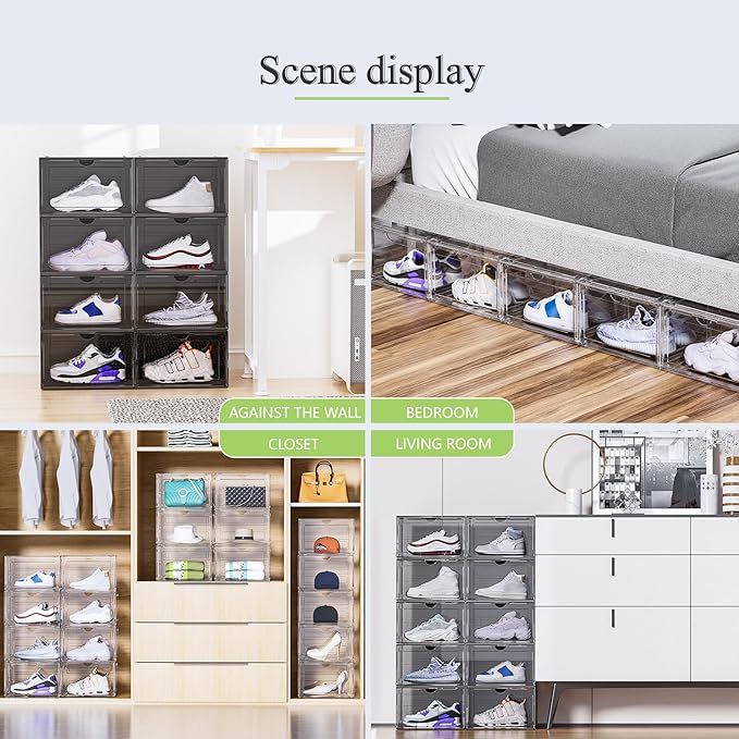 8 Pack XL Shoe Storage Box Organizer,Drop Side Large Shoe Boxes Clear Plastic Stackable Container,Magnetic Sneaker Display Case, Fit up to US 13（13.4”x 10.6”x 8.3”(8 Pack Black)