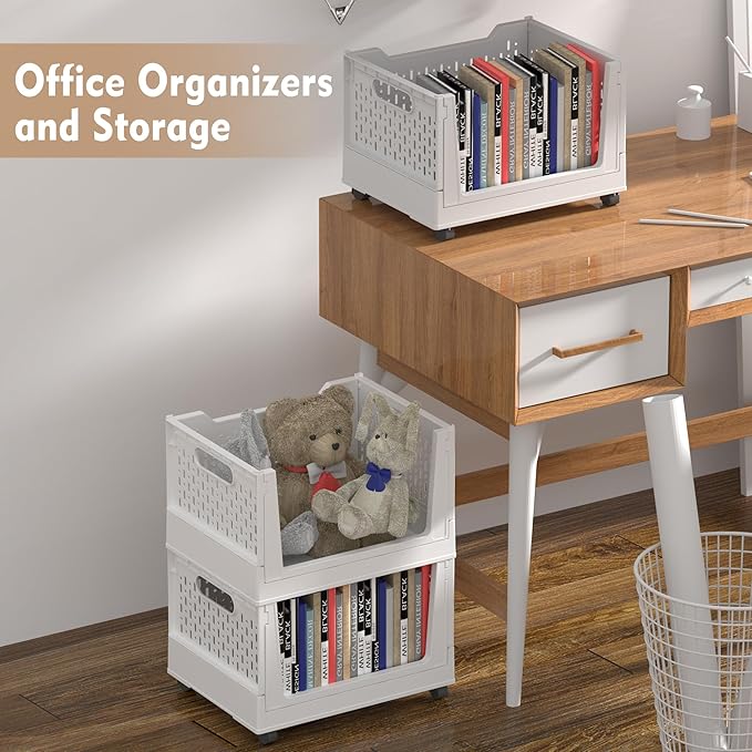 Stackable Plastic Storage Basket, 3 Pack Foldable Closet Organizers and Storage Bins with Wheels, Collapsible Drawer Shelf Storage Box Container for Office Bedroom Closet Wardrobe Kitchen Bathroom