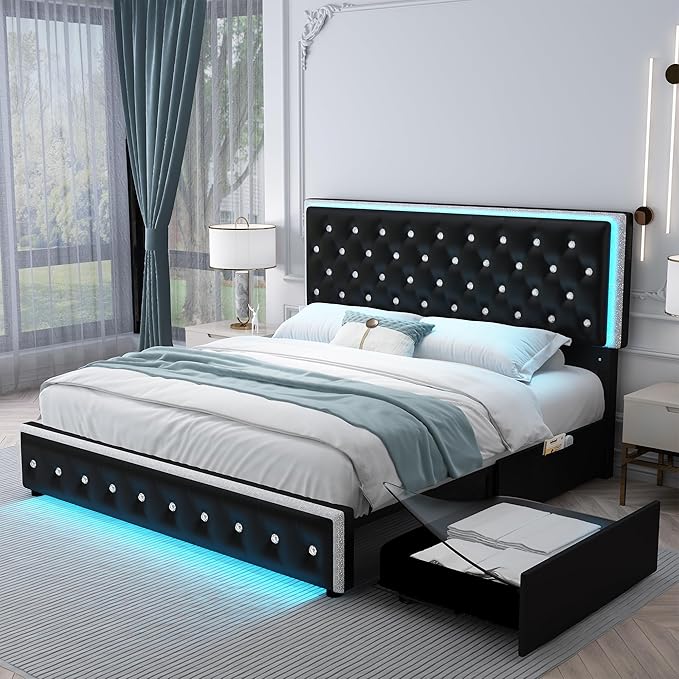 King Led Bed Frame with 2 Drawers, Modern Heavy Duty Upholstered Platform King Size Bed Frames with Crystal Button Tufted Headboard, Solid Slats, Noise Free, No Box Spring Needed, PU Black