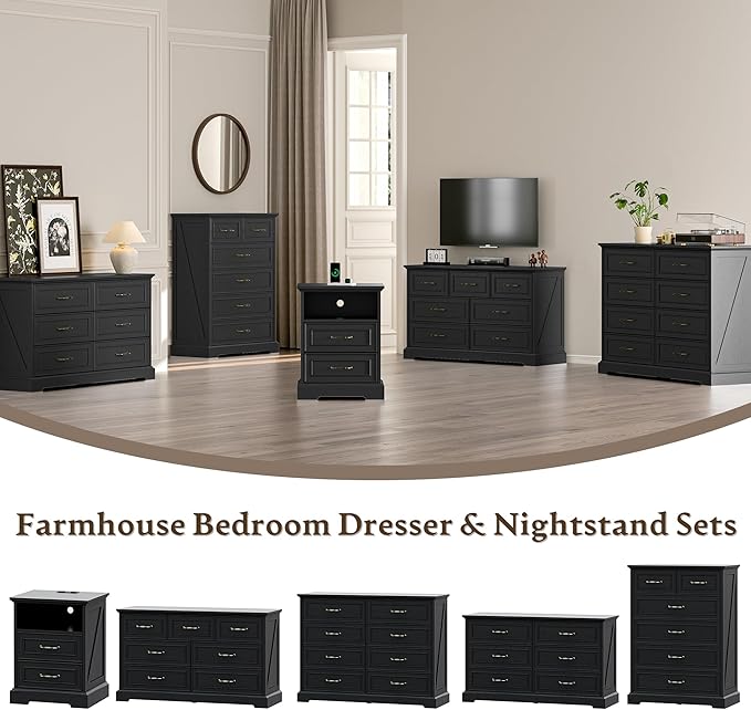 Farmhouse 8 Drawers Dresser for Bedroom, 48" Wide Modern Chest of Drawers with Deep Drawers & Bar Handles, Wood Dresser TV Stand, Wooden Rustic Closet Storage Organizer for Living Room, Hallway, Black