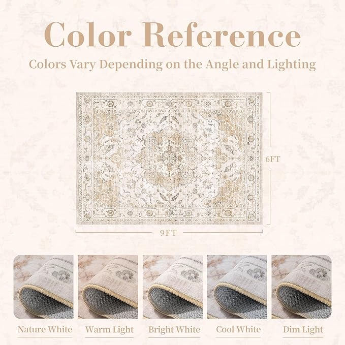 PADOOR 6X9 Area Rug,Rugs for Living Room,Soft Beige Rugs for Bedroom,Machine Washable Rug Non Slip Carpet for Dining Room Living Room Bedside Office