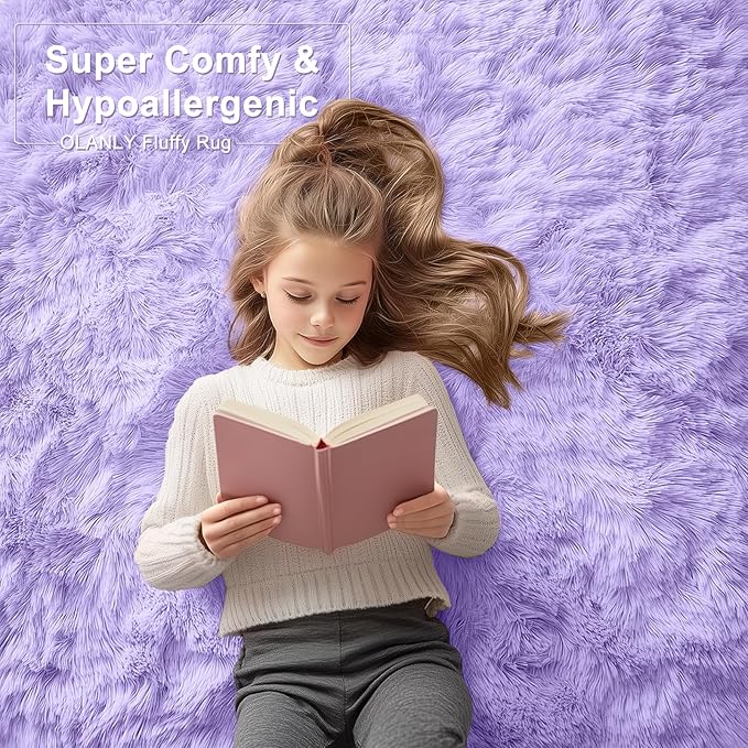 OLANLY 9x12 Machine Washable Large Area Rugs for Living Room, Bedroom, Soft Fluffy Shaggy Bedside Rug, Indoor Floor Carpet for Kids Girls and Boys, Dorms, Nursery, Home Decor Aesthetic, Light Purple