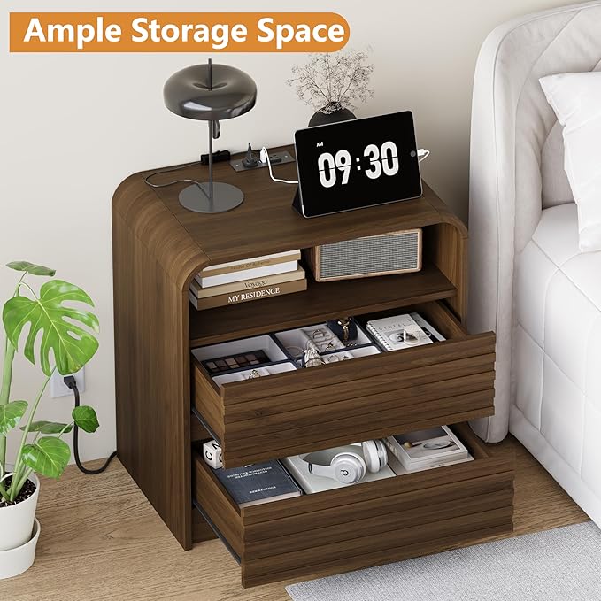 24" Wide Modern Fluted Nightstand with Charging Station Set of 2, Wood Bedside Table with Drawers, Mid Century End Table Nigthstand with Curved Profile Design for Bedroom, Living Room, Walnut