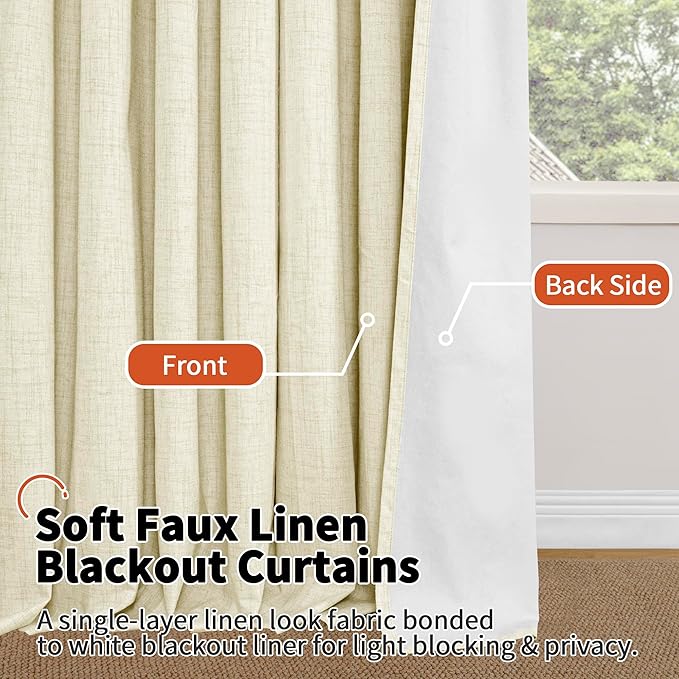 Cream 100% Blackout Curtains for Bedroom 63 Inch Length 2 Panels, Thermal Insulated Complete Light Blocking Noise Reducing Linen Window Curtains for Nursery, Bronze Grommet, Each 52" Wide