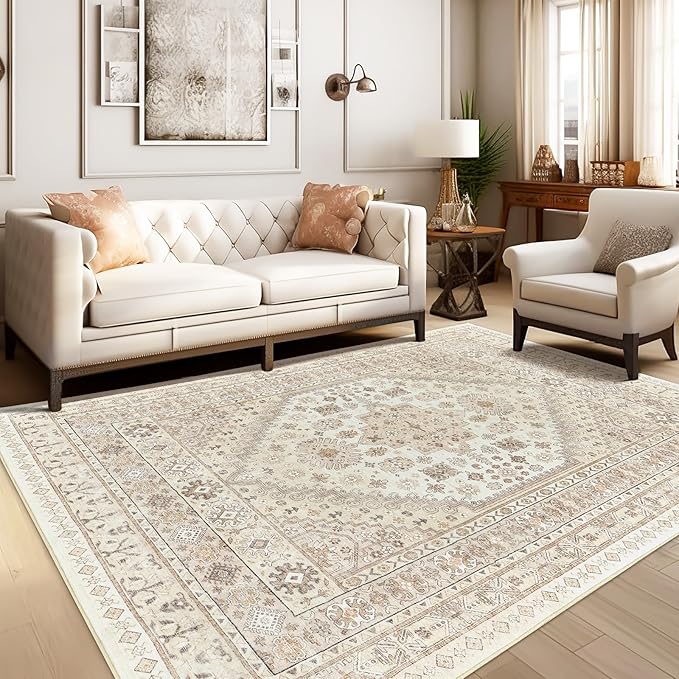 zesthome 9x12 Area Rugs,Stain Resistant Washable Rug,Ultra-Thin Rugs for Living Room,Bedroom,Non-Slip Backing Home Decor Large Area Rug (Cream/Beige,9'x12')