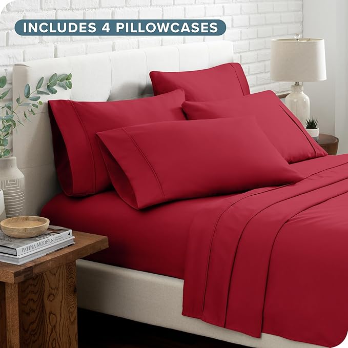 Bare Home Hotel Luxury King Sheet Set, Extra Soft - 6 Piece Set - Deep Pockets - Easy Fit - Cooling & Breathable - Wrinkle, Fade, Stain Resistant - Includes 4 Pillowcases (King, Red)