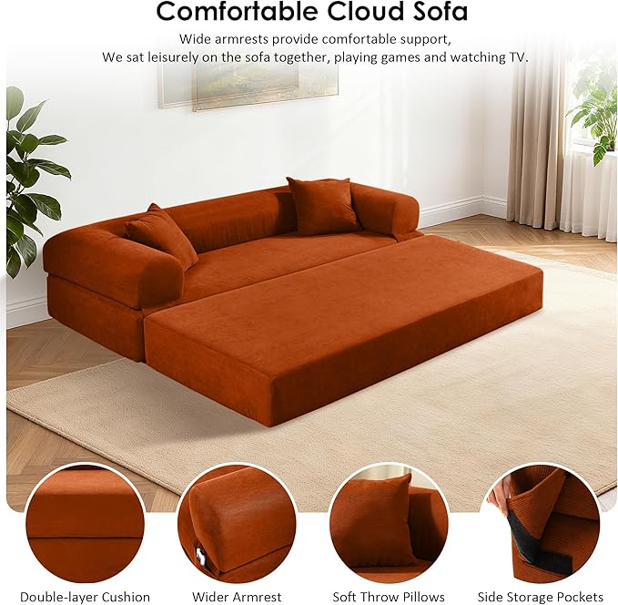 80" Convertible Sofa Bed, Corduroy Deep Seat Folding Pull Out Couch with Pillows, No Assembly Modern Boneless Couch Compression Sofa in Box, Floor Sofa with Storage Pocket for Living Room, Orange