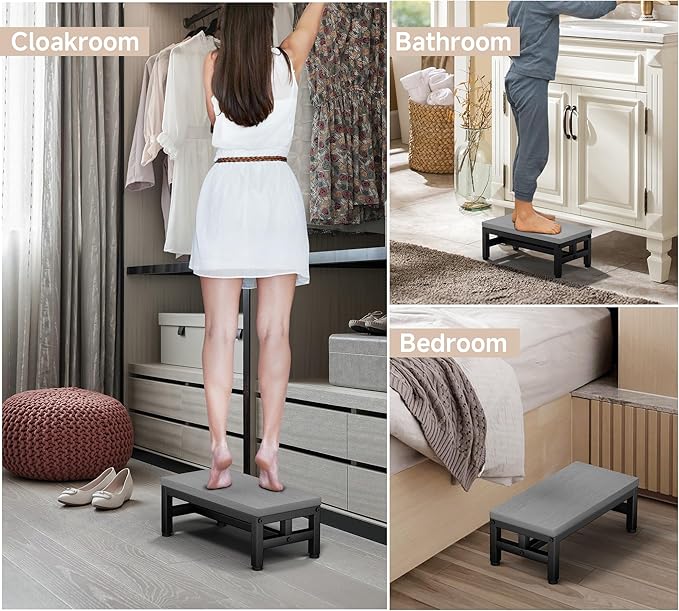 Y&M One Step Stool for Adults Kids, Adjustable Non-Slip Foot Stool with Sturdy Metal Frame, Bed Step for High Beds, Portable Step for Kitchen, Bathroom, Bedroom, Living Room – Gray