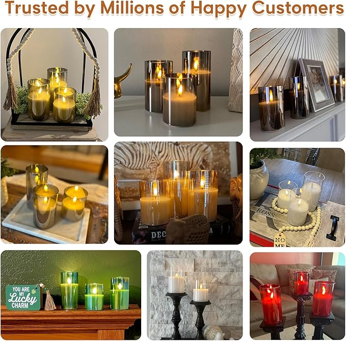 Eywamage Gold Glass Flameless Pillar Candles with Remote, Flickering Christmas LED Candles Battery Operated Set of 3