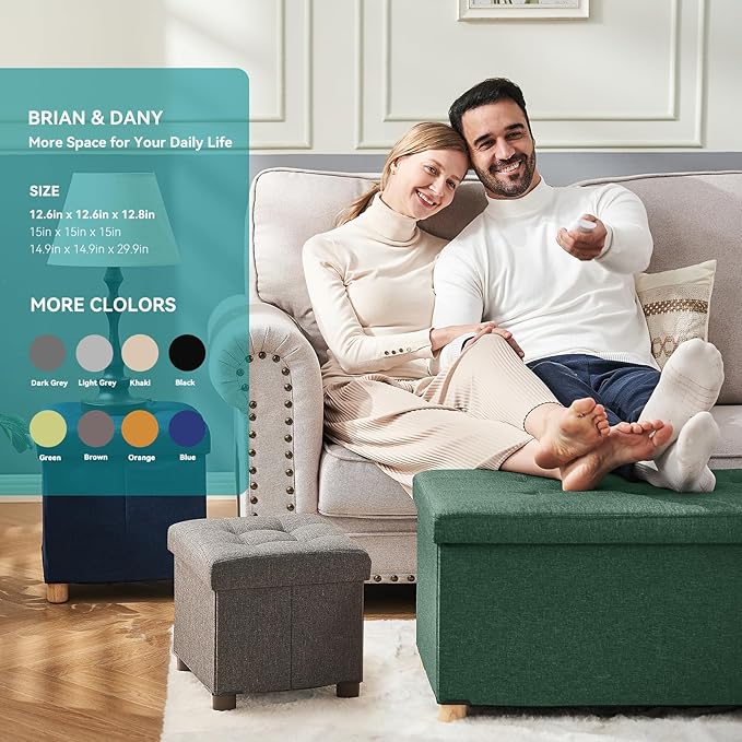 BRIAN & DANY Ottoman with Storage, Small Storage Ottoman for Dorm, Linen Folding Ottoman Foot Stool with Legs for Living Room and Bedroom, 15"x15"x15" - Dark Green