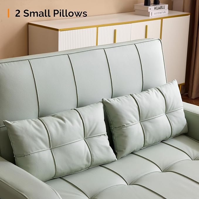 VINGLI Green Futon Sofa Bed Convertible Loveseat Sleeper Couch, Faux Leather Pullout Sofa Fold Out Couch Bed with USB Ports, Cup Holders, Armrest for Living Room, Bedroom Apartment Room