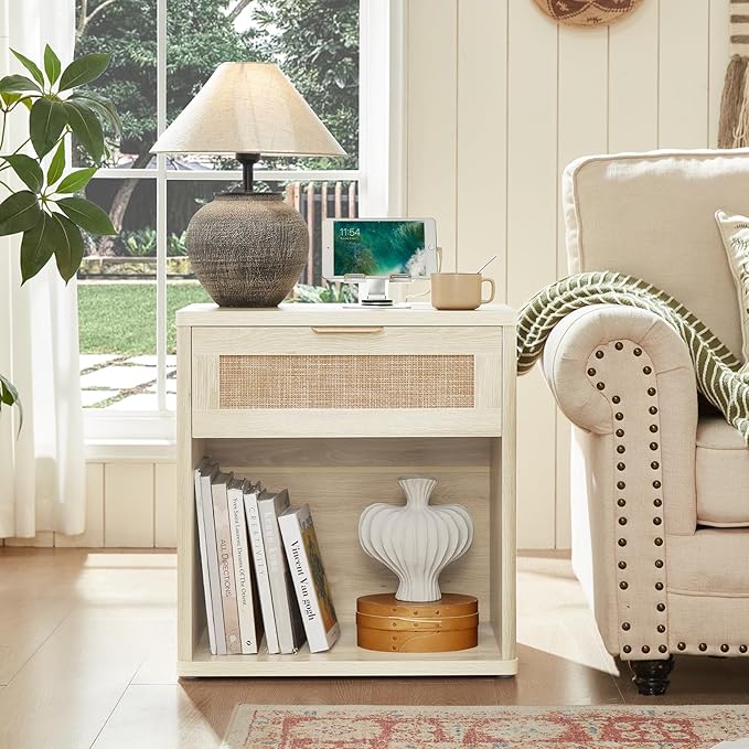 LEYAOYAO Rattan Nightstand with Charging Station, 23" Wide Boho Night Stand with Drawer, Grey White Bedside Table Open Storage Cabinet, Bed Side End Tables Dresser for Bedroom, Living Room, Hallway