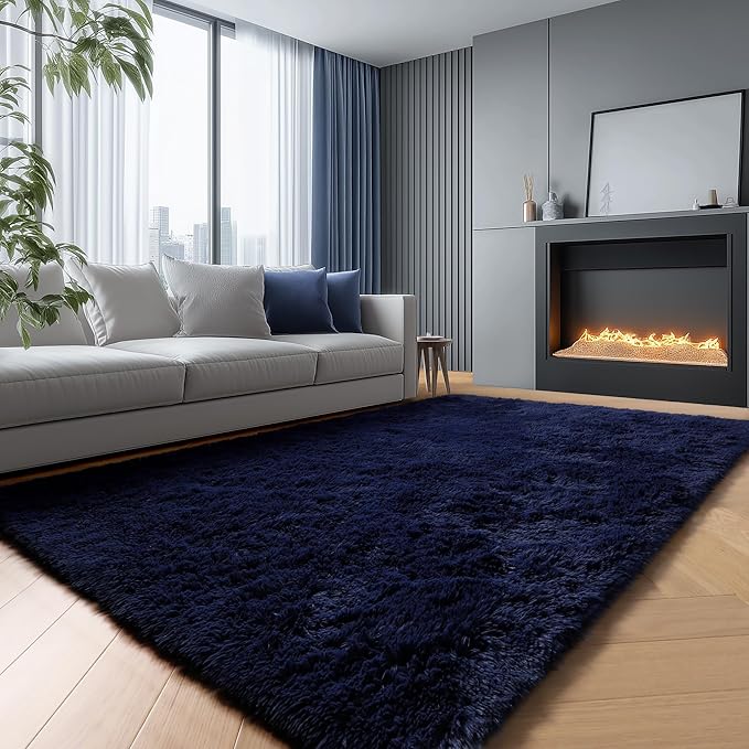 PAGISOFE Dark Navy Blue Rugs for Living Room 5x8 Ft, Plush Area Rugs for Bedroom, Non-Shedding, Indoor Furry Floor Rugs for Nursery Playroom, Shag Carpet for Kids Room Decor Aesthetic, Dark Blue