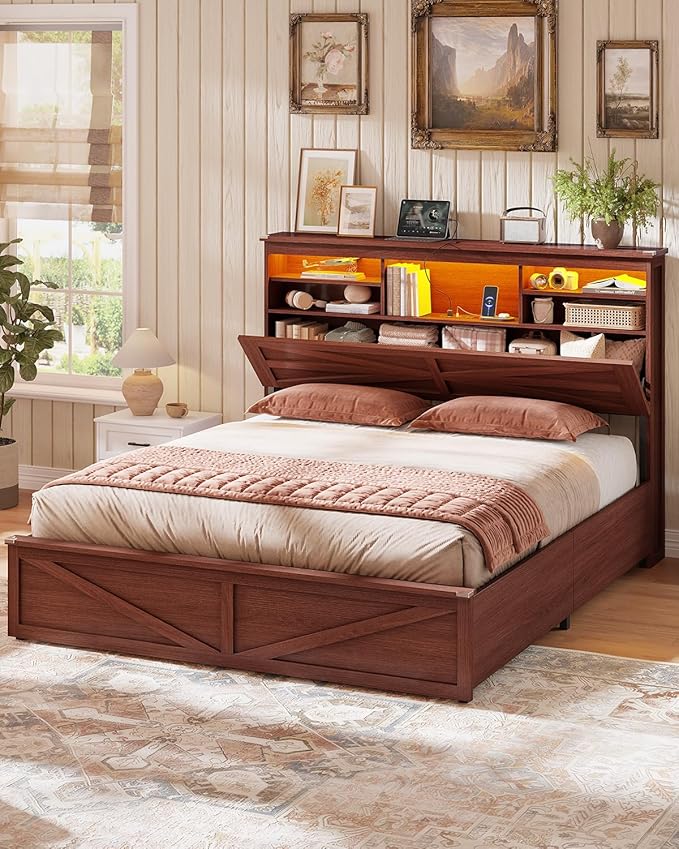AOGLLATI Farmhouse Bed Frame Queen Size with Lift Up Storage & Hidden Bookcase Storage Headbord, Wooden Queen Bed Frame with Charging Station, Led Lights, No Box Spring Needed, Brown