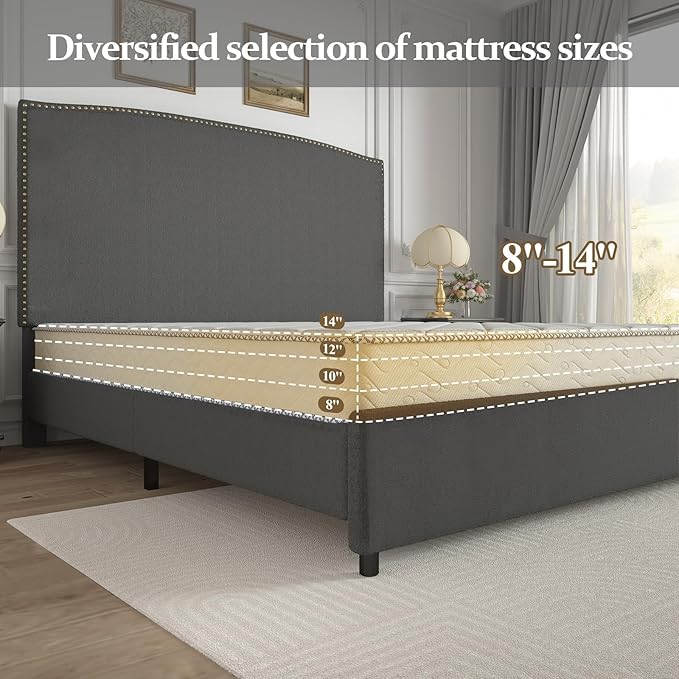 King Size Bed Frame and Headboard, 56" Upholstered Platform Bed with Nailhead Trim, Soft Boucle Fabric, No Box Spring Needed, Easy Assembly, Grey
