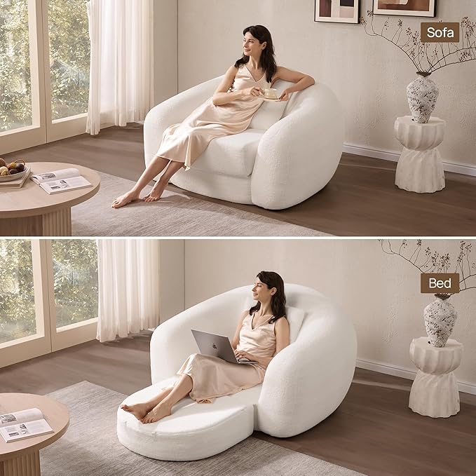 SICOTAS Curved Sofa Couch Bed for Living Room Convertible Futon Cloud Boneless Sleeper Chair Pull Out Floor Couch with Deep Seat Sofa Set Foam No Assembly Required for Bedroom Apartment Office, White