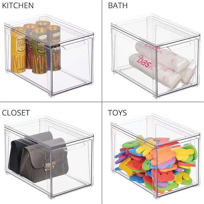 mDesign Plastic Stackable Bathroom Storage with Pull Out Bin Organizer Drawer for Cabinet, Vanity, Shelf, Cupboard, Cabinet, or Closet Organization - Lumiere Collection - Clear