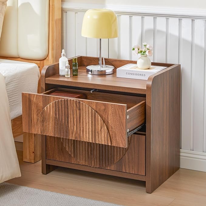Turtle&Myrtle 24 Inch Wide Fluted Nightstands, Large Night Stand with 2 Drawers, Mid Century Modern Bedside Table End Table with Storage for Bedroom Living Room Office (Walnut)