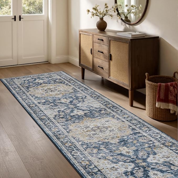 PADOOR 2X10 Runner Rug,Runners for Hallways,Soft Blue Washable Bedside Rugs for Bedroom,Non Slip Long Rug for Hallways Entryway Laundry Room Stair Kitchen Bathroom
