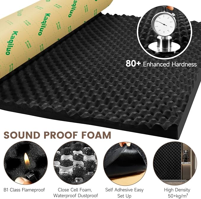 Self-Adhesive Thickened Sound Insulation Egg Crate Foam 13.99 sqft x 1.77in Thick,50+kg/m³ ,Fire/Water Resistant ,Thermal Insulation,Acoustic Treatment Foam