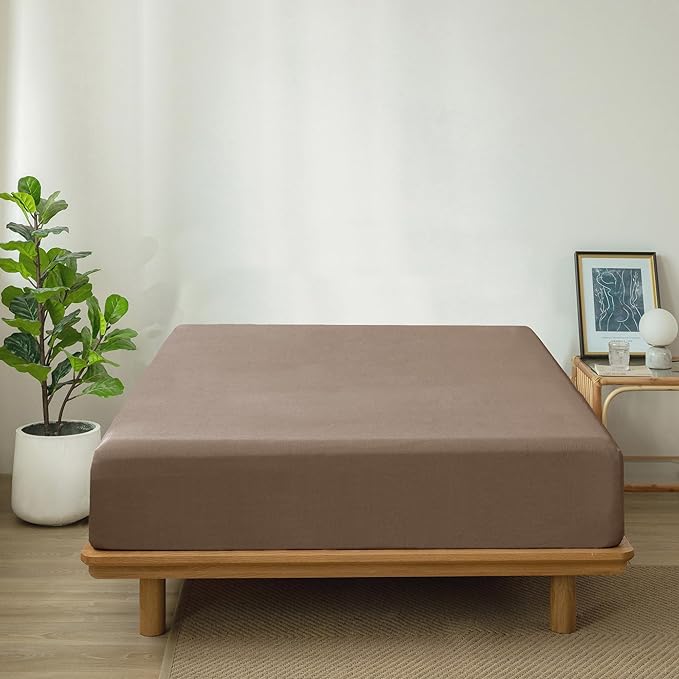 MooMee Fitted Bottom Sheet Only 100% Washed Cotton Linen Like Textured Breathable Durable Soft Comfy Deep Pocket Fits Mattress up to 17" (Brown, Twin)