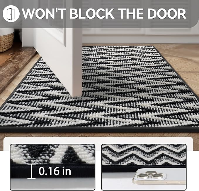 Indoor Door Mat 17x30, Dirt Resistant & Absorbent Doormat for Entryway Inside, Non-Slip Rubber Backing Front Door Mat Indoor Entrance, Low-Profile, Washable, Black
