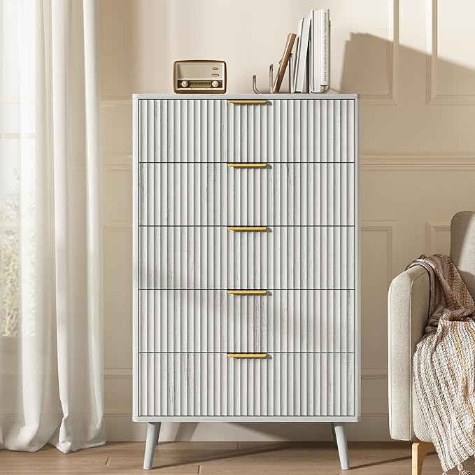 CARPETNAL Fluted 5 Drawers Dresser for Bedroom, 45" Tall Wooden Chest of Drawers with Rounded Corners, Gold Handles, Modern Storage Organizer for Bedroom, Hallway (White)