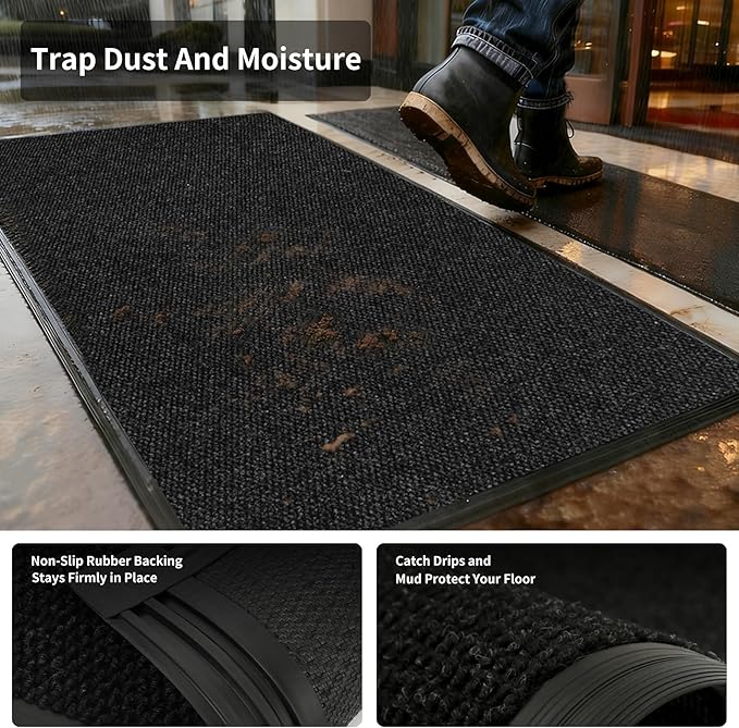 2ft x 18ft Front Door Mat Indoor Outdoor Entrance, Commercial Heavy Duty Entryway Matt, Non-Slip Rubber Backing Low Profile Doormat, Waterproof Dirt Trapper Welcome Mat for High Traffic Area
