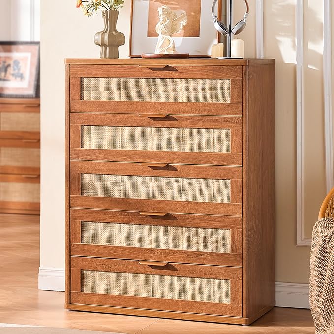 LEYAOYAO Rattan Dresser for Bedroom Set 2, 41" Tall Chest of Drawers, Modern 5 Drawers Boho Dressers with Storage, Light Oak Dresser Wooden Closet Organizer for Living Room, Hallway, Tea Brown