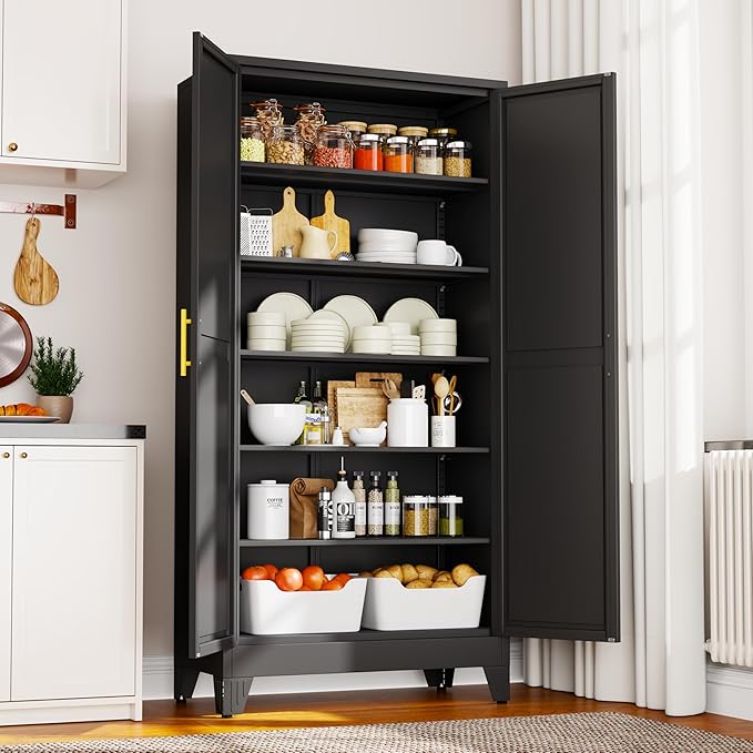 75" Metal Kitchen Pantry Cabinet,Black Storage Cabinet with Doors and 5 Adjustable Shelves, Cabinet with 2 Metal Handles,Tall Cabinet for Livingroom,Pantry, Bathroom,Kitchen