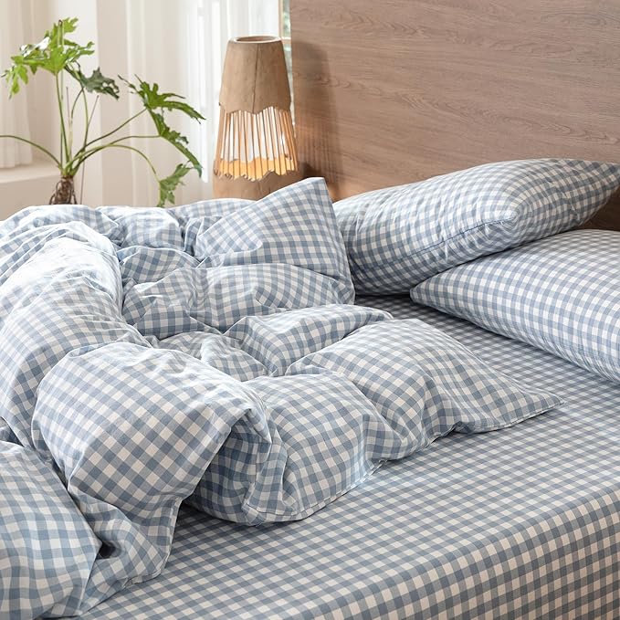 MooMee Gingham Duvet Cover Set 100% Washed Cotton Linen Like Textured Breathable Durable Soft Comfy Modern Checkered Design (Classic Gingham Cornflower Blue, Palatial King/Oversized King 120"x98")
