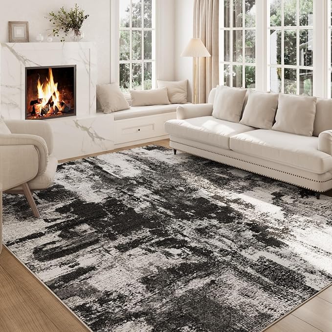 5x7 Area Rug Living Room Rugs - Machine Washable Neutral Abstract Rugs for Dinning Room Indoor Floor Non Silp Rug Carpet for Bedroom Home Office Decor - Black White