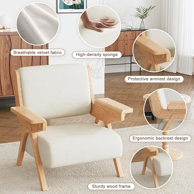 Accent Chair Set of 2, Mid Century Modern Chair, Velvet Upholstered Lounge Arm Chair with Solid Wood, Cozy Seating for Living Room, Bedroom, Balcony (White)
