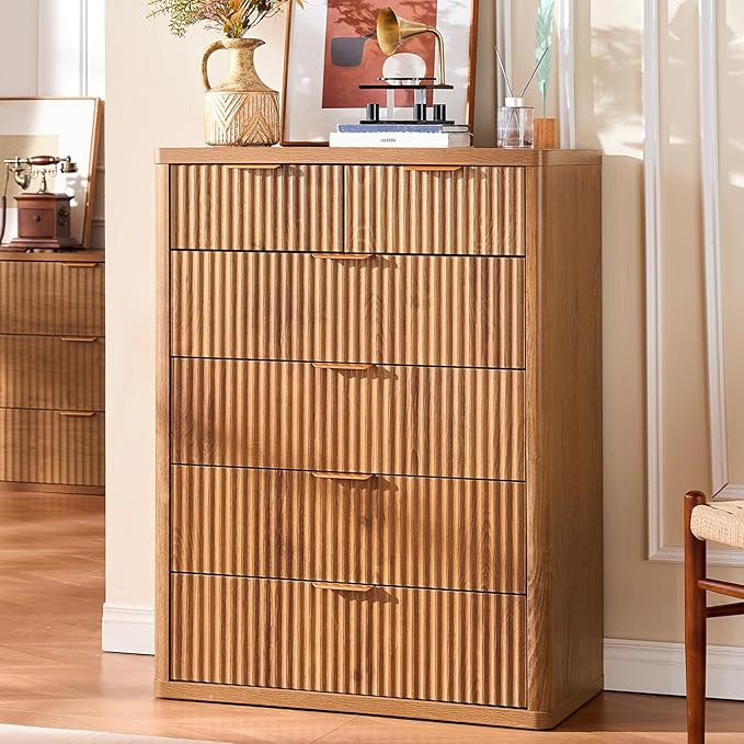 LEYAOYAO 42" Tall Fluted Dresser and 3 Drawers 23" Nightstand Set of 2, Wooden Dresser & Night Stand with Charging Station, 3 Piece Bedroom Furniture Set, Wood Chest of Drawer for Living Room,Brown