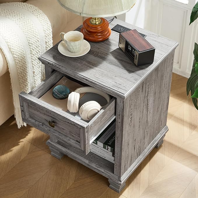 SAVOR LIFE Farmhouse End Tables Living Room with Drawer, Rustic Wood Nightstand with Charging Station, Bedside Table with Open Shelf for Bed Room, Living Room, Grey
