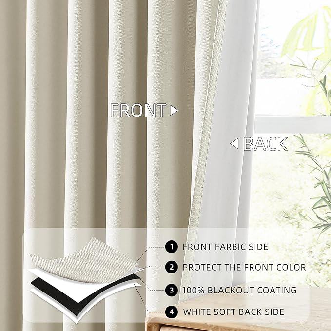 ChrisDowa 100% Blackout Birch Solid Curtains 54 Inches Long 2 Panels for Bedroom Living Room,Farmhouse Room Darkening Thermal Insulated Soundproof Grommet Top Window Treatment Drapes,52x54