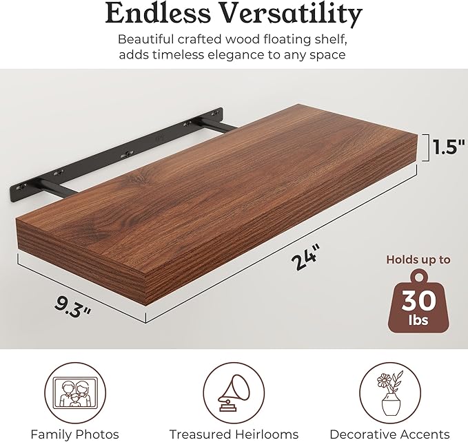 Floating Shelves for Wall, 9.3" Deep Wall Mounted Wood Shelves for Bathroom, Bedroom, Living Room, Kitchen, Hanging Shelf for Books/Storage/Room Decor (Walnut, 24")