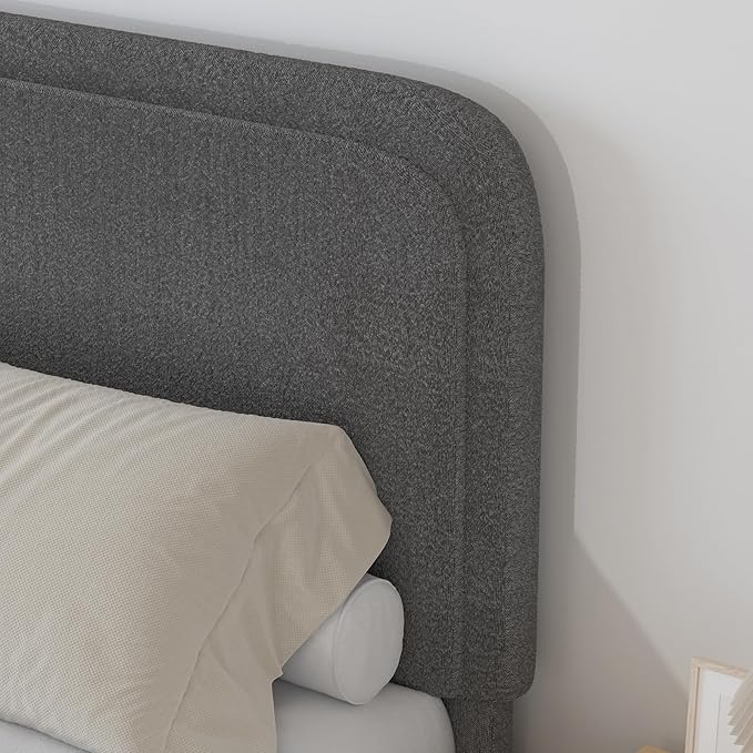 BarnFurin Twin Size Bed Frame, Boucle Upholstered Platform Bed Frame with Headboard, Modern Style, Soft Rounded Corners, No Box Spring Required, Easy Assembly, Dark Grey