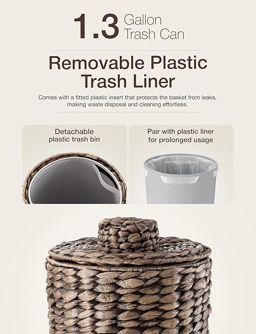 2 Gallons Wicker Waste Basket - Water Hyacinth Bathroom Trash Can - Garbage Can with Lid Boho Style - Wicker Trash Can with Lid for Bedroom, Kitchen - Removable Liner, Handwoven (Black Color)