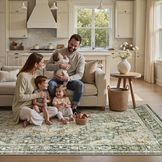PADOOR 6X9 Area Rug,Rugs for Living Room,Soft Olive Rugs for Bedroom,Machine Washable Rug Non Slip Carpet for Dining Room Living Room Bedside Office