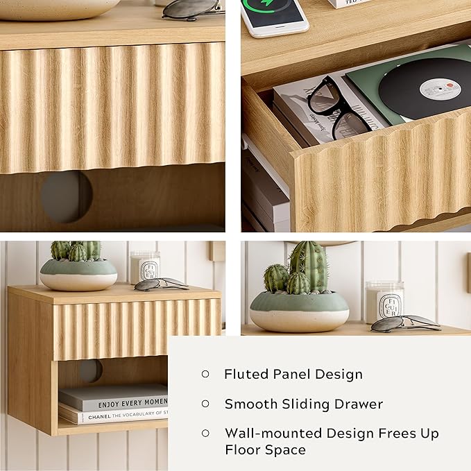 Floating TV Stands Set of 4 with Drawer and Open Shelf, Small Wall Mounted Bedside End Table, Modern Fluted Night Stand for Bedroom, Living Room, Natural Oak