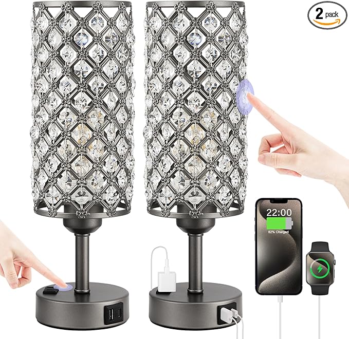 Hong-in Gray Crystal Lamp Touch Control Set of 2, Crystal Table Lamps with USB C+A Ports & AC Outlet, 3-Way Dimmable Nightstand Touch Lamp, Modern Bedside Table Lamp for Bedroom(Bulbs Included)