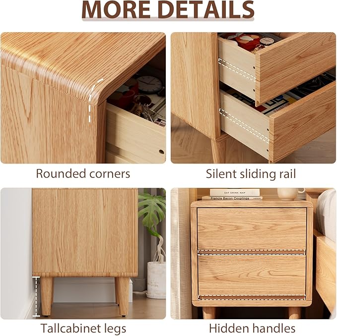 Solid Wood Nightstand Natural Night Stand with Drawers Mid Century Modern Nightstand with Storage,Wood Night Stand,Small Bedside Table for Bedroom,Living Room,Office,Natural Bedside Table