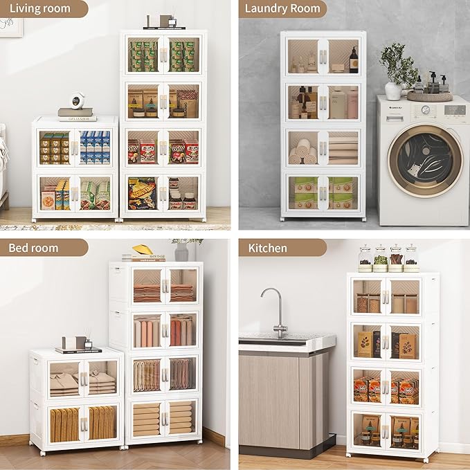 Large Clear Stackable Storage Bins with Lids, 180QT-45QT*4Tier Foldable Cabinet for Closet Organizers, Plastic Storage Box with Wheels White