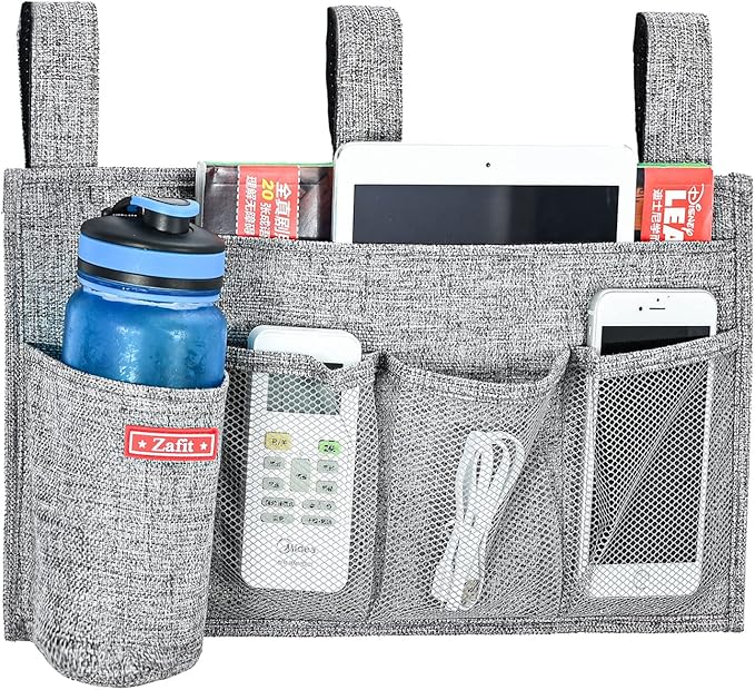 Linen Bedside Caddy, Bedside Storage Organizer for Hospital Beds, College Dorm Rooms or Baby Bed (5 Pockets-Grey)