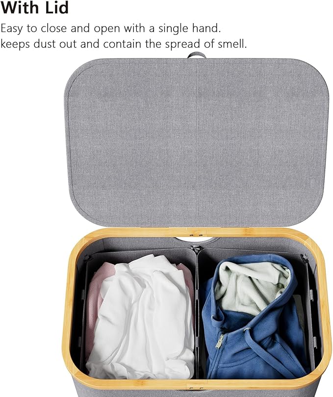 SpaceAid Double Laundry Hamper 2 Section with Lid and Removable Laundry Bags, 160L Clothes Basket with Bamboo Handles, Large Collapsible Hamper for Bedroom, Bathroom, Dorm, Laundry Room - Grey
