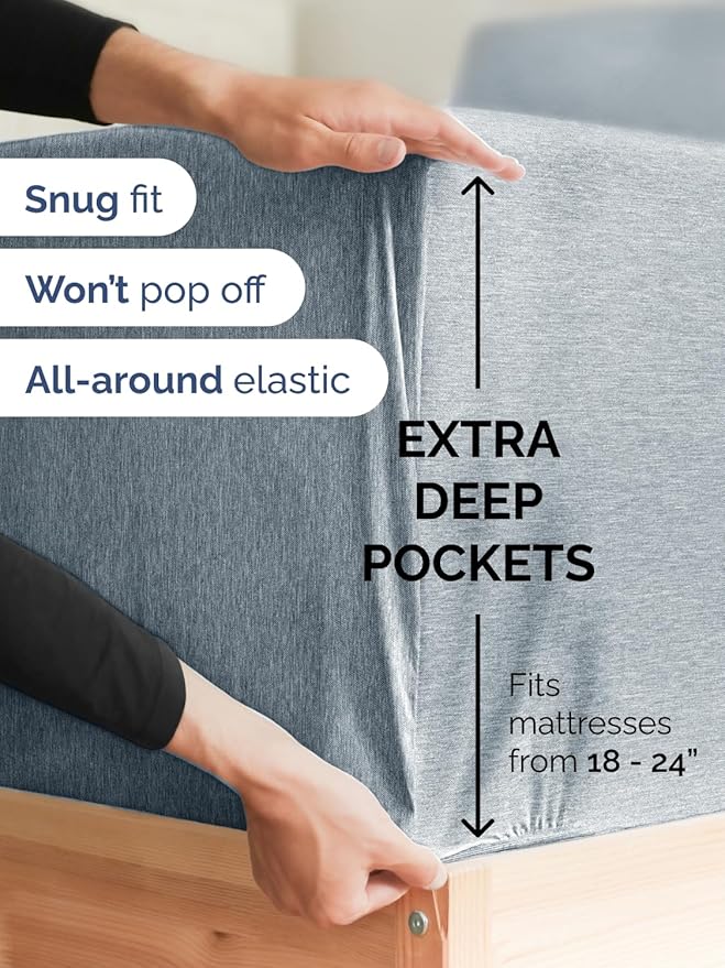 Extra Deep Cal King Sheet Set - 6 Piece Breathable & Cooling Sheets - Hotel Luxury Bed Sheets Set - Easy Fit - Soft, Wrinkle Free & Comfy Sheets Set - Heathered Blue Sheet Set w/Extra Deep Pockets