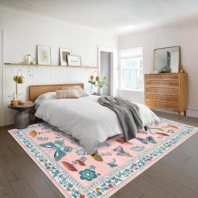 Mushroom Insect Washable Rug 5x7 Area Rugs for Bedroom Non Slip with Rubber Back Low Pile Stain Resistant Butterfly Carpet for Living Room Nursery Kitchen Dining Room Khaki Pink