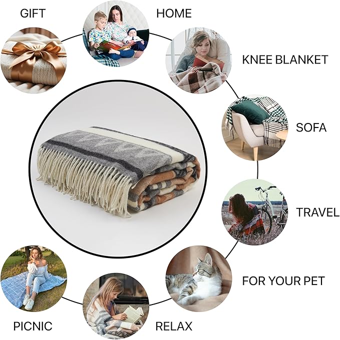 | Wool Blanket/Throw | 100% New Zealand Wool | Perfect for Home and Outdoors | Virgin Wool Throw with Fringes 67"x79" (170 x 200 cm)